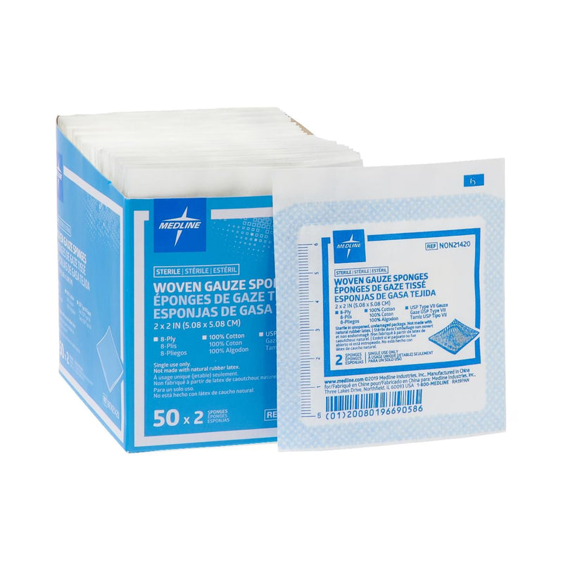 Medline Sterile USP Type VII Gauze Sponge, 2 x 2 Inch, 8-Ply