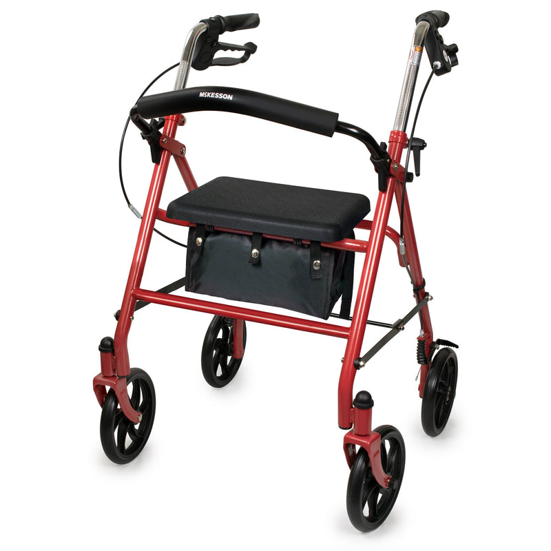 McKesson Folding Steel Four-Wheel Rollator, 12-Inch Seat Width, Red