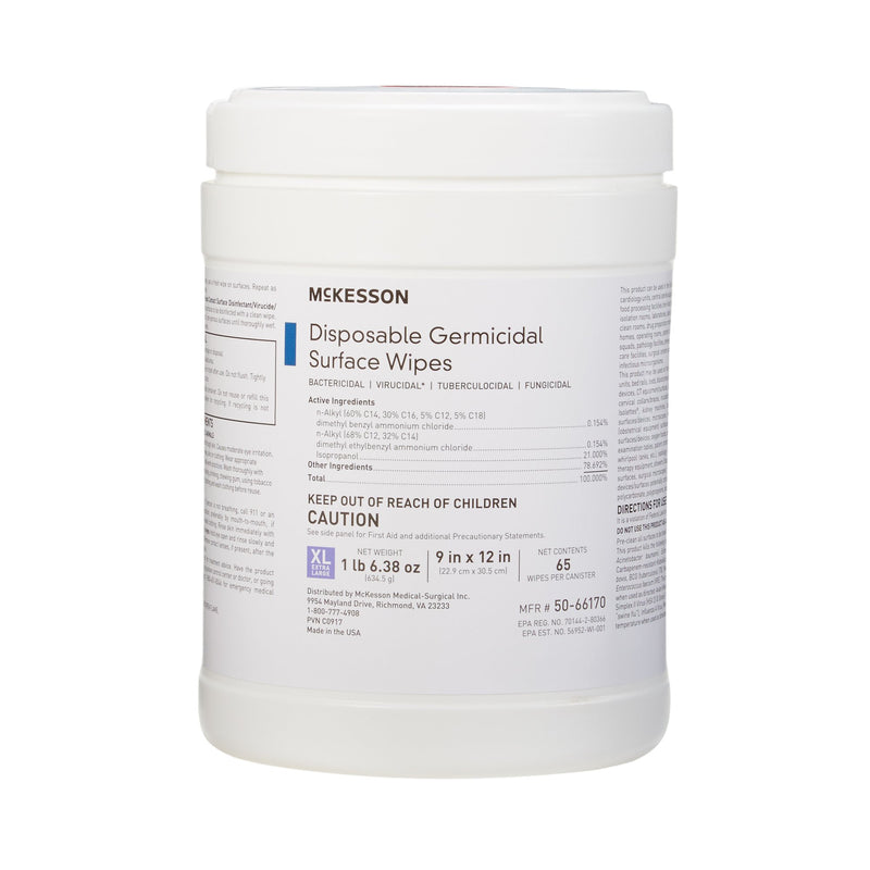 McKesson Germicidal Extra Large Surface Disinfectant Wipes, Canister, 65 ct.