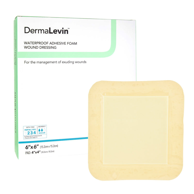 DermaLevin® Adhesive with Border Foam Dressing, 6 x 6 Inch