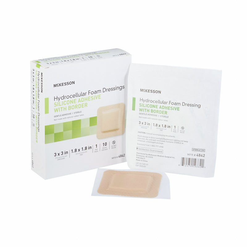 McKesson Silicone Adhesive with Border Silicone Foam Dressing, 3 x 3 Inch