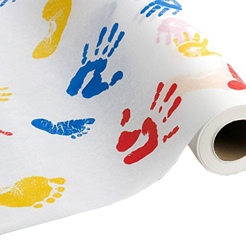 Tiny Tracks™ Crepe Table Paper, 21 Inch x 125 Foot, White with Multicolor Print