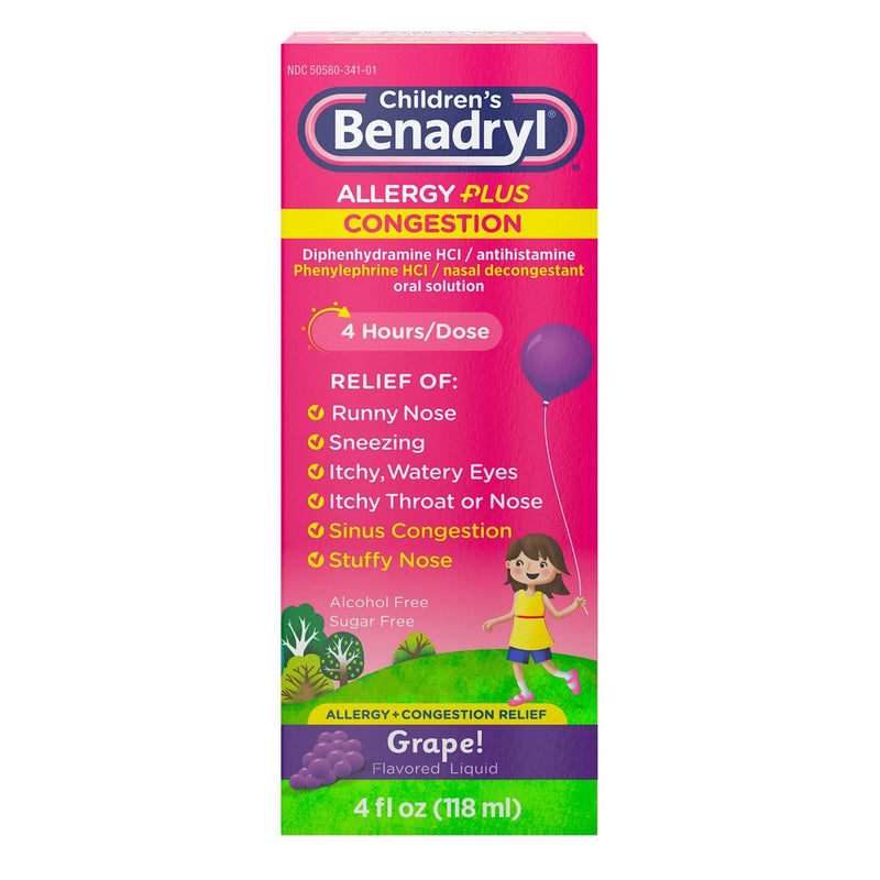 Benadryl Children's Allergy Plus Congestion Liquid Grape Flavor, 4-ounce bottle