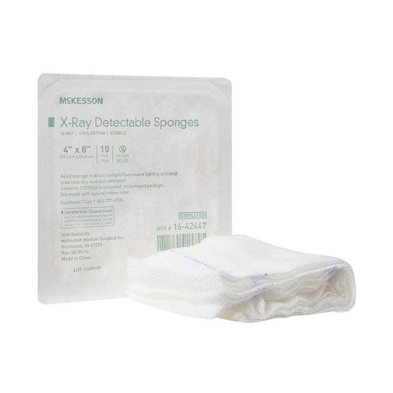 McKesson Sterile X-ray Detectable Gauze Sponge, 4 x 8 Inch, 16-Ply